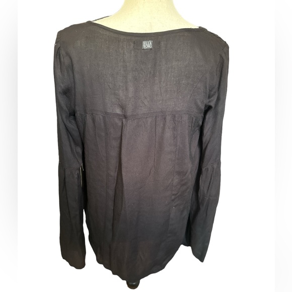 Billabong Speak Slowly trumpet sleeve Top embroidered front tie black size small - Picture 3 of 4